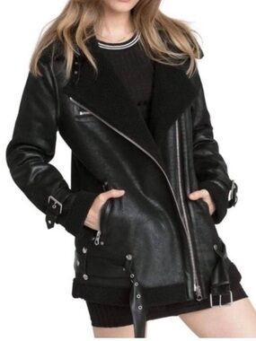 Avec Les Filles Black Shearling Moto Jacket Coat Small Vegan Leather Biker Goth